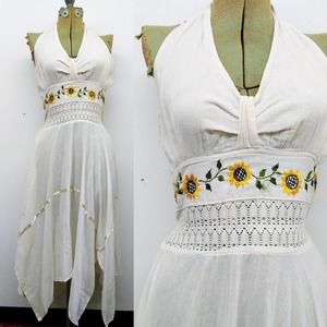 Vintage Boho Gauze Sundress Mexican Sunflower Embroidered Halter Dress
